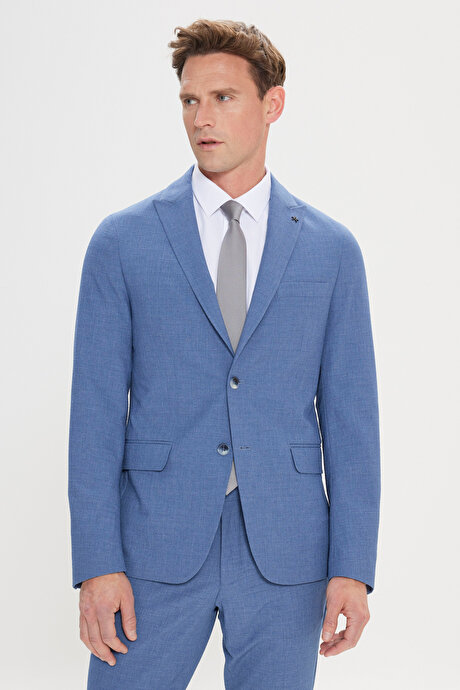 Slim Fit Dar Kesim Kırlangıç Yaka Gofre Desenli Mavi Takım Elbise resmi