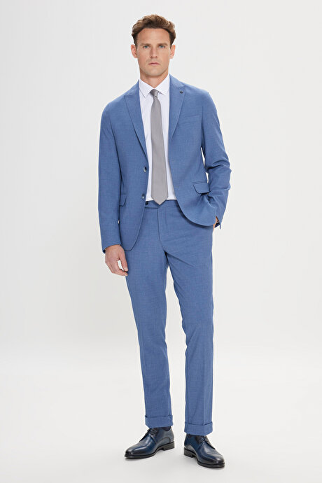 Slim Fit Dar Kesim Kırlangıç Yaka Gofre Desenli Mavi Takım Elbise resmi