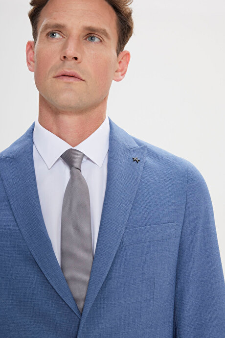 Slim Fit Dar Kesim Kırlangıç Yaka Gofre Desenli Mavi Takım Elbise resmi