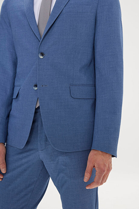 Slim Fit Dar Kesim Kırlangıç Yaka Gofre Desenli Mavi Takım Elbise resmi