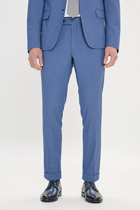 Slim Fit Dar Kesim Kırlangıç Yaka Gofre Desenli Mavi Takım Elbise resmi