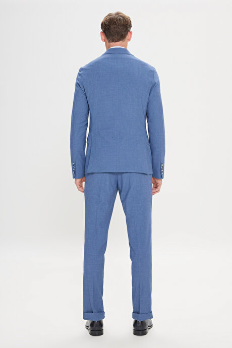 Slim Fit Dar Kesim Kırlangıç Yaka Gofre Desenli Mavi Takım Elbise resmi