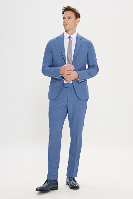 Slim Fit Dar Kesim Kırlangıç Yaka Gofre Desenli Mavi Takım Elbise resmi
