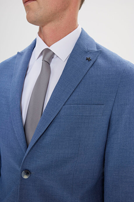 Slim Fit Dar Kesim Kırlangıç Yaka Gofre Desenli Mavi Takım Elbise resmi