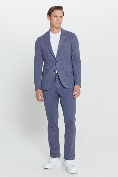 Slim Fit Dar Kesim Mono Yaka Desenli Beli Bağlamalı Lacivert-Beyaz Takım Elbise resmi