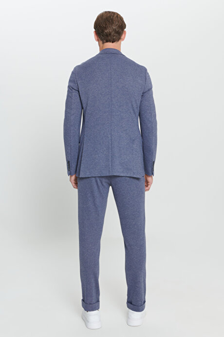 Slim Fit Dar Kesim Mono Yaka Desenli Beli Bağlamalı Lacivert-Beyaz Takım Elbise resmi