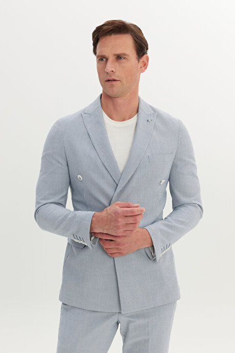 Slim Fit Dar Kesim Kırlangıç Yaka Gofre Desenli Kruvaze Lacivert-Beyaz Takım Elbise resmi