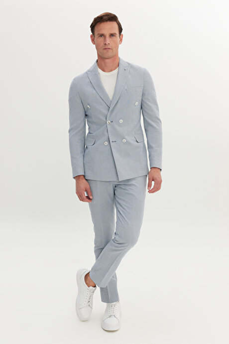 Slim Fit Dar Kesim Kırlangıç Yaka Gofre Desenli Kruvaze Lacivert-Beyaz Takım Elbise resmi