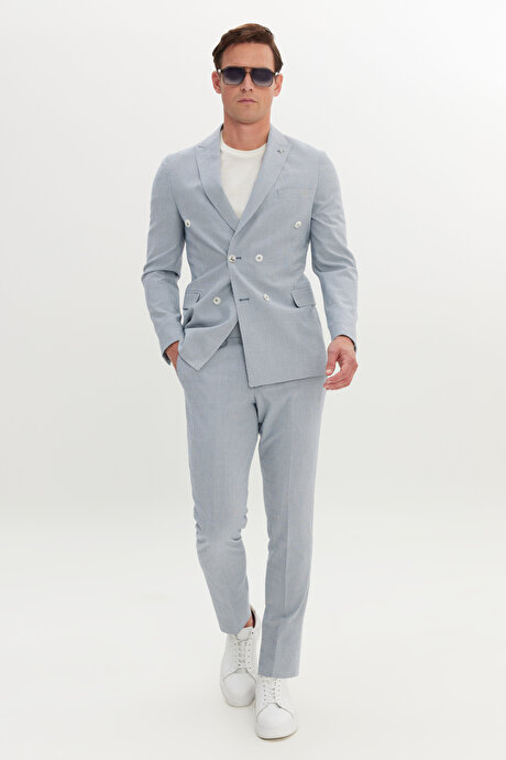 Slim Fit Dar Kesim Kırlangıç Yaka Gofre Desenli Kruvaze Lacivert-Beyaz Takım Elbise resmi