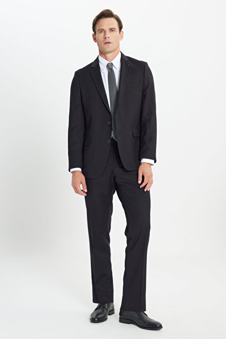 Regular Fit Rahat Kesim Mono Yaka Armürlü Siyah Takım Elbise resmi