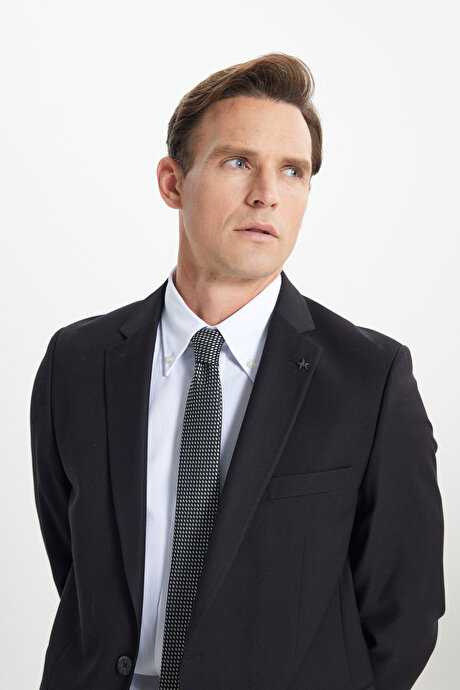 Regular Fit Rahat Kesim Mono Yaka Armürlü Siyah Takım Elbise resmi