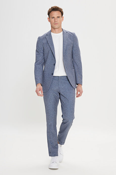 Slim Fit Dar Kesim Mono Yaka Beli Bağlamalı Desenli Lacivert Takım Elbise resmi