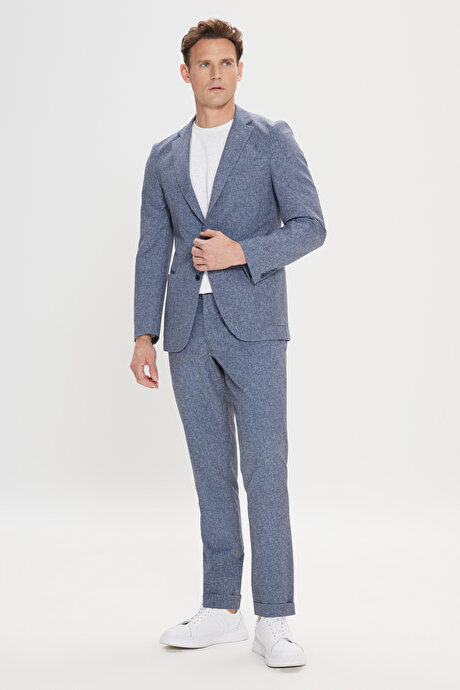 Slim Fit Dar Kesim Mono Yaka Beli Bağlamalı Desenli Lacivert Takım Elbise resmi