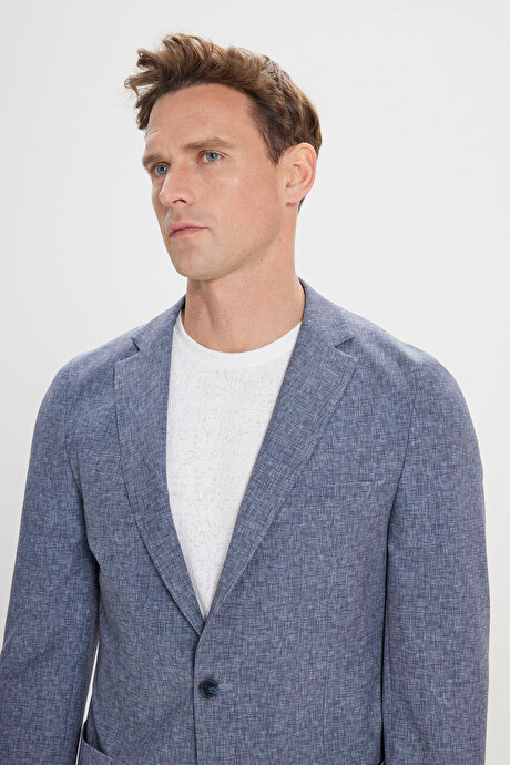 Slim Fit Dar Kesim Mono Yaka Beli Bağlamalı Desenli Lacivert Takım Elbise resmi