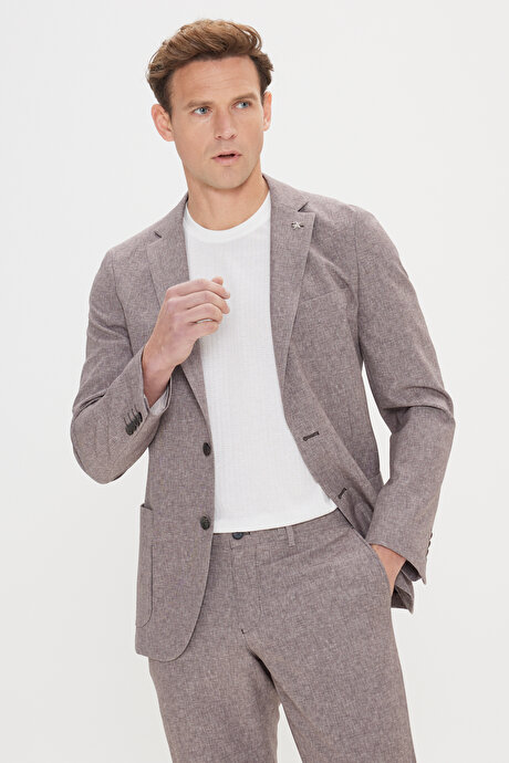 Slim Fit Dar Kesim Mono Yaka Beli Bağlamalı Desenli Vizon Takım Elbise resmi