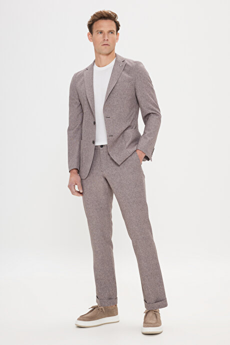 Slim Fit Dar Kesim Mono Yaka Beli Bağlamalı Desenli Vizon Takım Elbise resmi