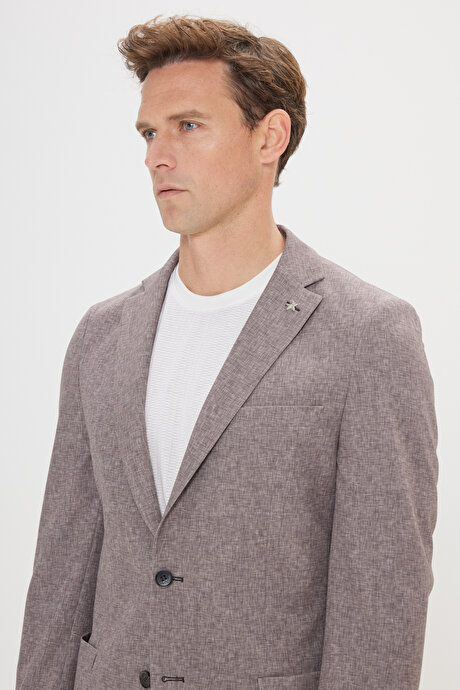 Slim Fit Dar Kesim Mono Yaka Beli Bağlamalı Desenli Vizon Takım Elbise resmi