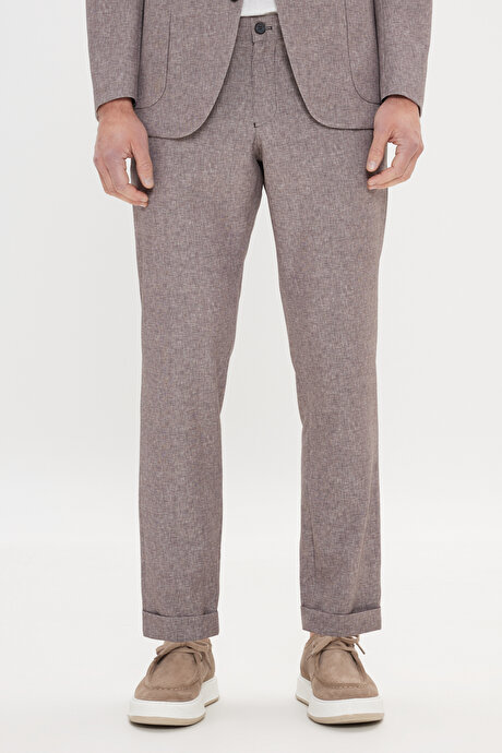 Slim Fit Dar Kesim Mono Yaka Beli Bağlamalı Desenli Vizon Takım Elbise resmi