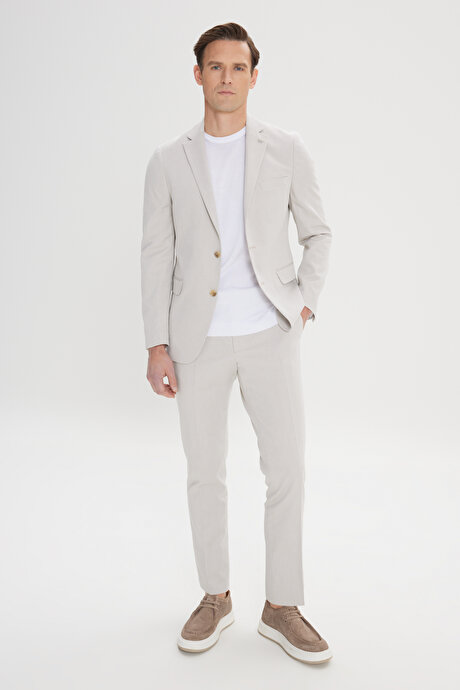 Slim Fit Dar Kesim Mono Yaka Pamuklu Diagonal Desenli Bej Takım Elbise resmi