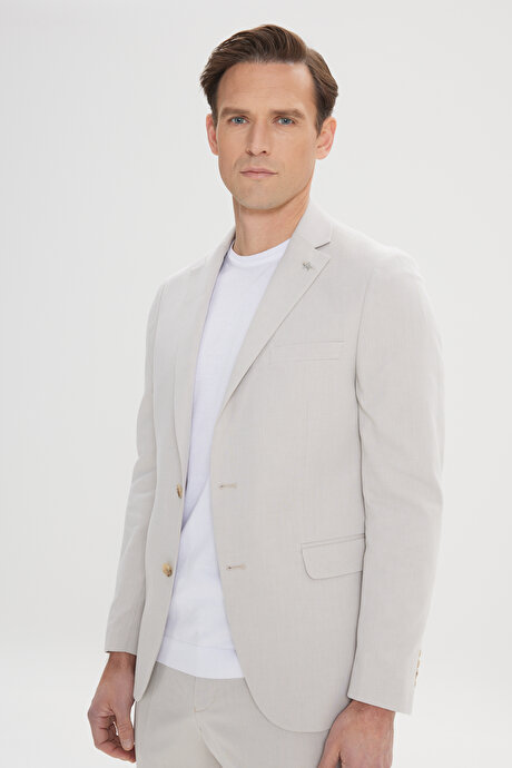 Slim Fit Dar Kesim Mono Yaka Pamuklu Diagonal Desenli Bej Takım Elbise resmi