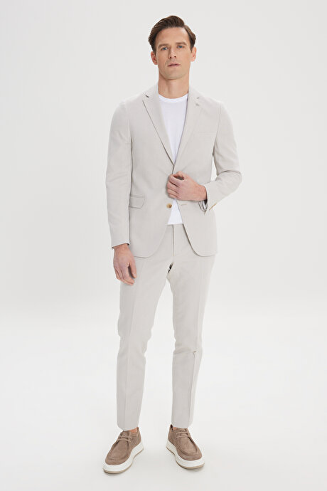 Slim Fit Dar Kesim Mono Yaka Pamuklu Diagonal Desenli Bej Takım Elbise resmi