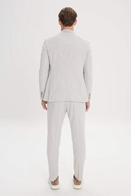 Slim Fit Dar Kesim Mono Yaka Pamuklu Diagonal Desenli Bej Takım Elbise resmi