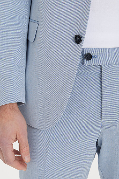 Slim Fit Dar Kesim Mono Yaka Pamuklu Diagonal Desenli Mavi Takım Elbise resmi