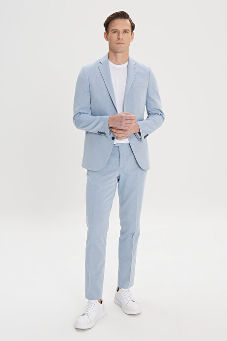 Slim Fit Dar Kesim Mono Yaka Pamuklu Diagonal Desenli Mavi Takım Elbise resmi