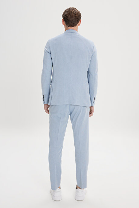 Slim Fit Dar Kesim Mono Yaka Pamuklu Diagonal Desenli Mavi Takım Elbise resmi