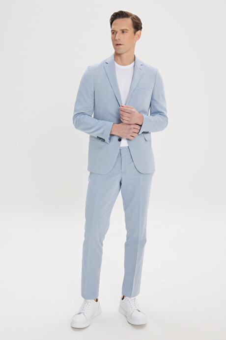 Slim Fit Dar Kesim Mono Yaka Pamuklu Diagonal Desenli Mavi Takım ElbiseYDA302420111MAV