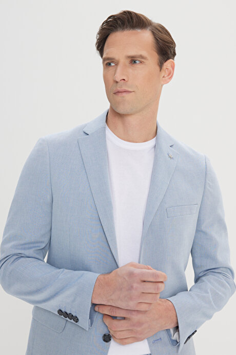 Slim Fit Dar Kesim Mono Yaka Pamuklu Diagonal Desenli Mavi Takım ElbiseYDA302420111MAV