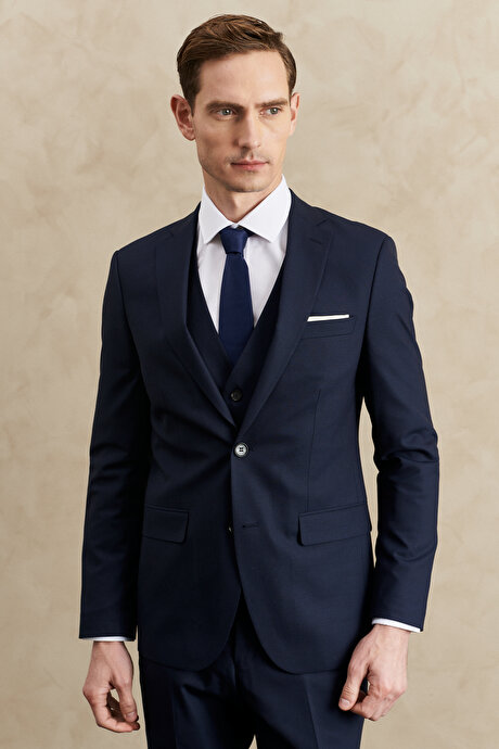 Su Geçirmez Slim Fit Dar Kesim Mono Yaka Yelekli Yünlü Nano Lacivert Yelekli Takım Elbise resmi