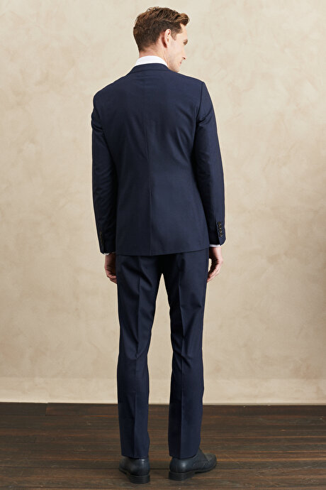 Su Geçirmez Slim Fit Mono Yaka Yelekli Yünlü Nano Lacivert Yelekli Takım Elbise resmi