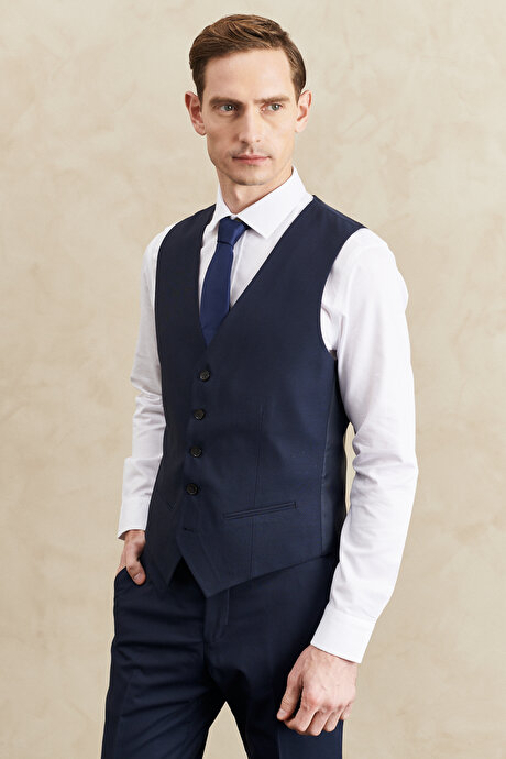 Su Geçirmez Slim Fit Dar Kesim Mono Yaka Yelekli Yünlü Nano Lacivert Yelekli Takım Elbise resmi