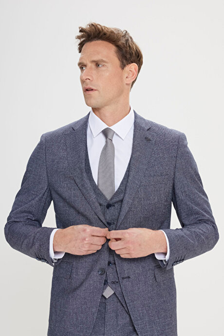 Ekstra Slim Fit Dar Kesim Mono Yaka Desenli Yelekli Lacivert-Beyaz Yelekli Takım Elbise resmi