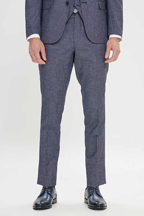 Ekstra Slim Fit Dar Kesim Mono Yaka Desenli Yelekli Lacivert-Beyaz Yelekli Takım Elbise resmi