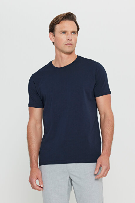 360 Derece Her Yöne Esneyen Slim Fit Bisiklet Yaka Lacivert Tişört resmi