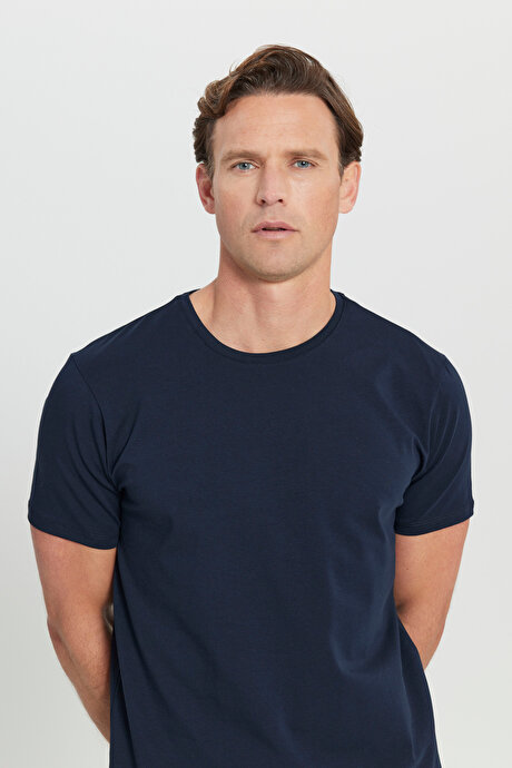 360 Derece Her Yöne Esneyen Slim Fit Bisiklet Yaka Lacivert Tişört resmi