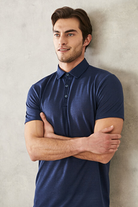 Slim Fit Dar Kesim Polo Yaka Casual Lacivert Tişört resmi