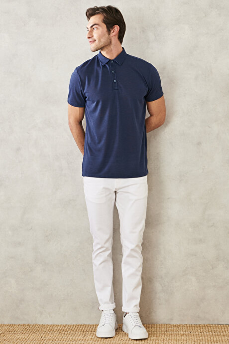 Slim Fit Dar Kesim Polo Yaka Casual Lacivert Tişört resmi