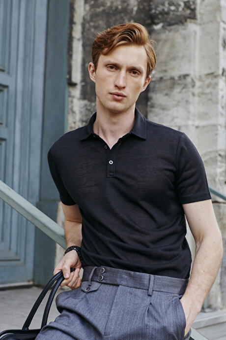 Slim Fit Dar Kesim Polo Yaka Casual Siyah Tişört resmi