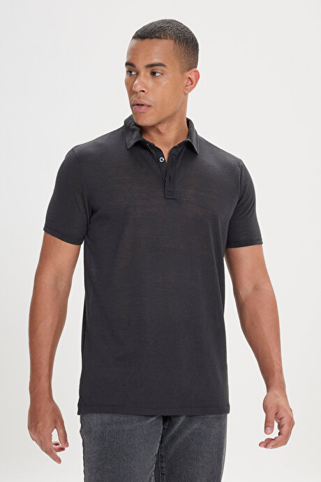 Slim Fit Dar Kesim Polo Yaka Casual Siyah Tişört resmi