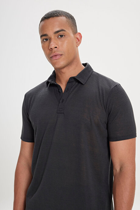 Slim Fit Dar Kesim Polo Yaka Casual Siyah Tişört resmi