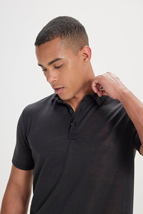 Slim Fit Dar Kesim Polo Yaka Casual Siyah Tişört resmi