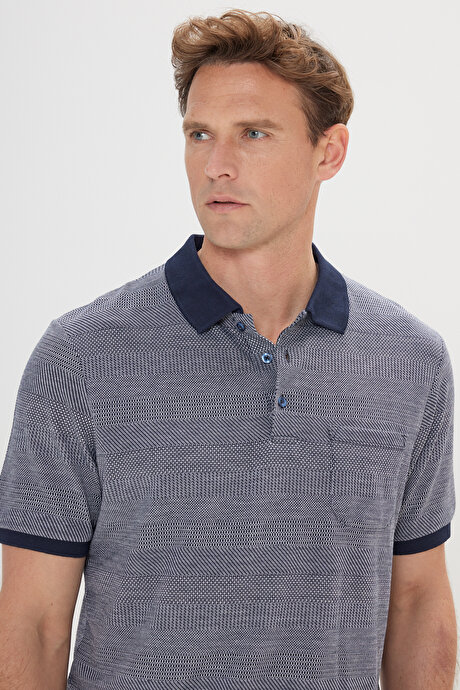 Comfort Fit Geniş Kesim Polo Yaka Jakarlı Lacivert Tişört resmi