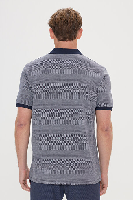 Comfort Fit Geniş Kesim Polo Yaka Jakarlı Lacivert Tişört resmi