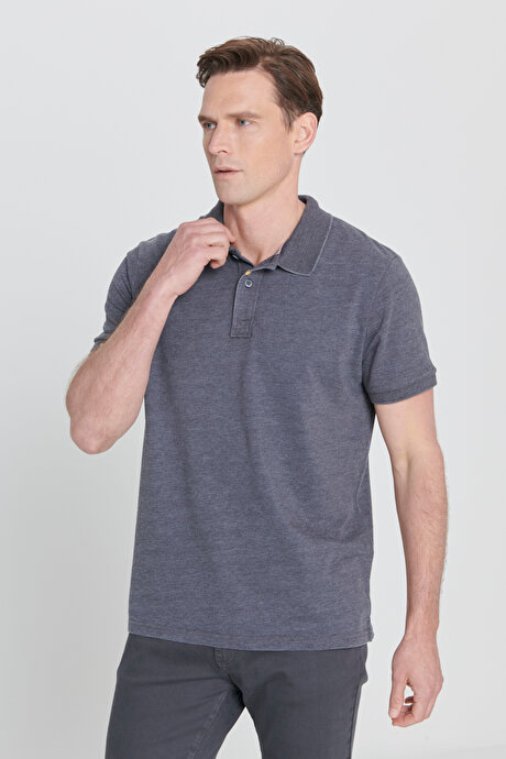 Slim Fit Dar Kesim Pamuklu Nakış Detaylı Polo Yaka Antrasit Tişört resmi