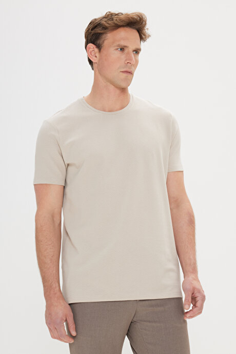 Slim Fit Dar Kesim Bisiklet Yaka Kısa Kollu Yumuşak Tuşeli Basic Bej Tişört resmi