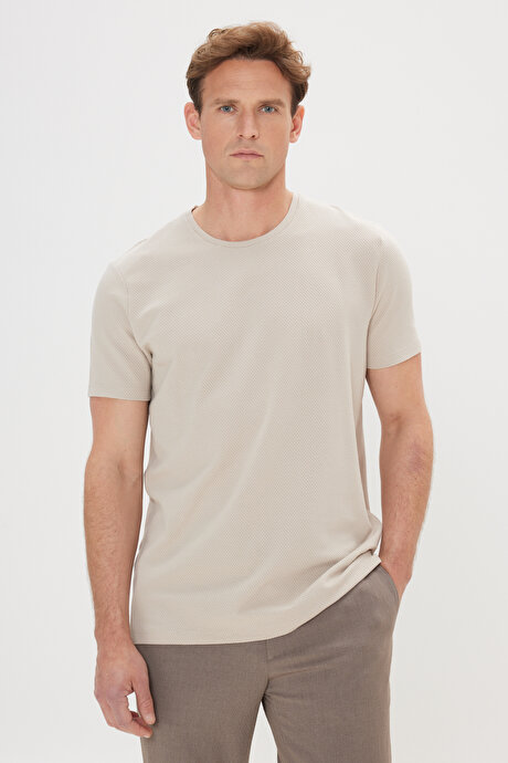 Slim Fit Dar Kesim Bisiklet Yaka Kısa Kollu Yumuşak Tuşeli Basic Bej Tişört resmi