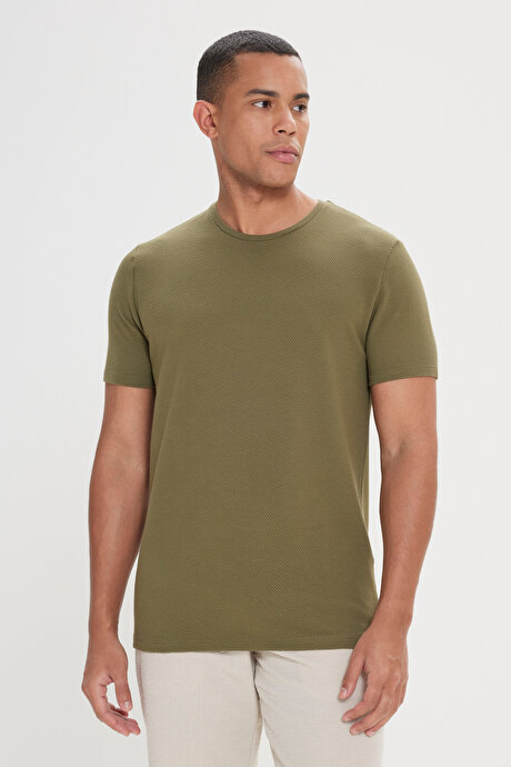 Slim Fit Dar Kesim Bisiklet Yaka Kısa Kollu Yumuşak Tuşeli Basic Haki Tişört resmi